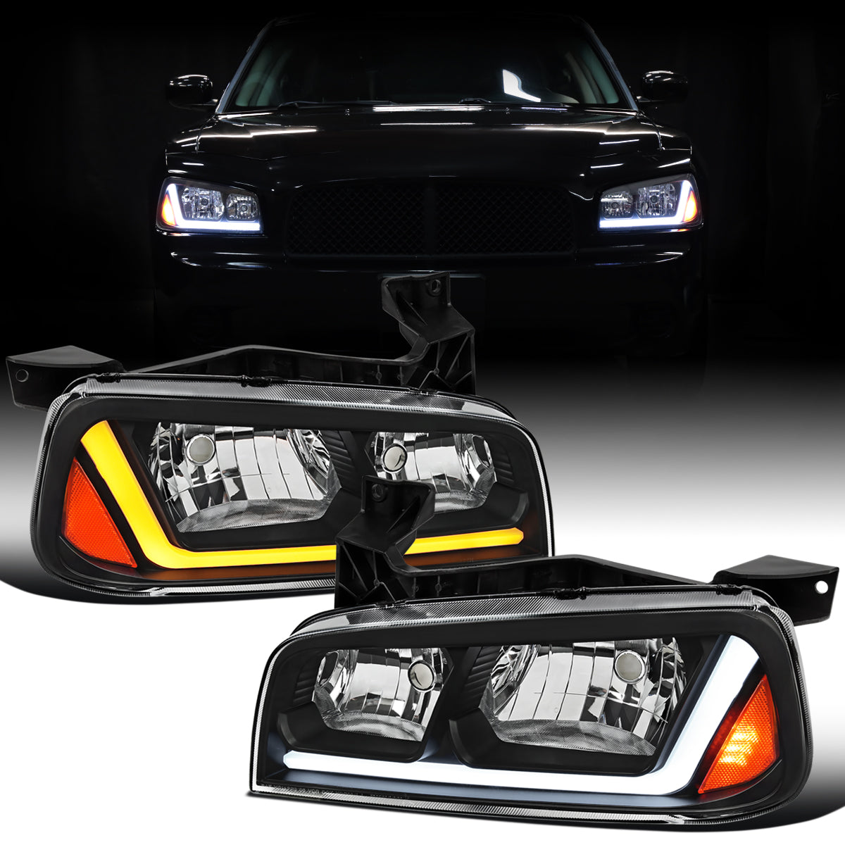 Ronnin - Fits 2006-2010 Dodge Charger Upgraded Replacement LED Tube Switchback Sequential Turn Signal Halogen Headlights Assembly Pair | Black