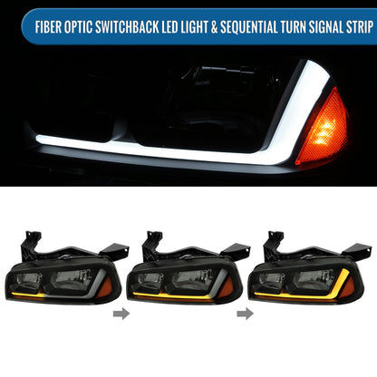 Ronnin - Fits 2006-2010 Dodge Charger Upgraded Replacement LED Tube Switchback Sequential Turn Signal Halogen Headlights Assembly Pair | Black Smoke
