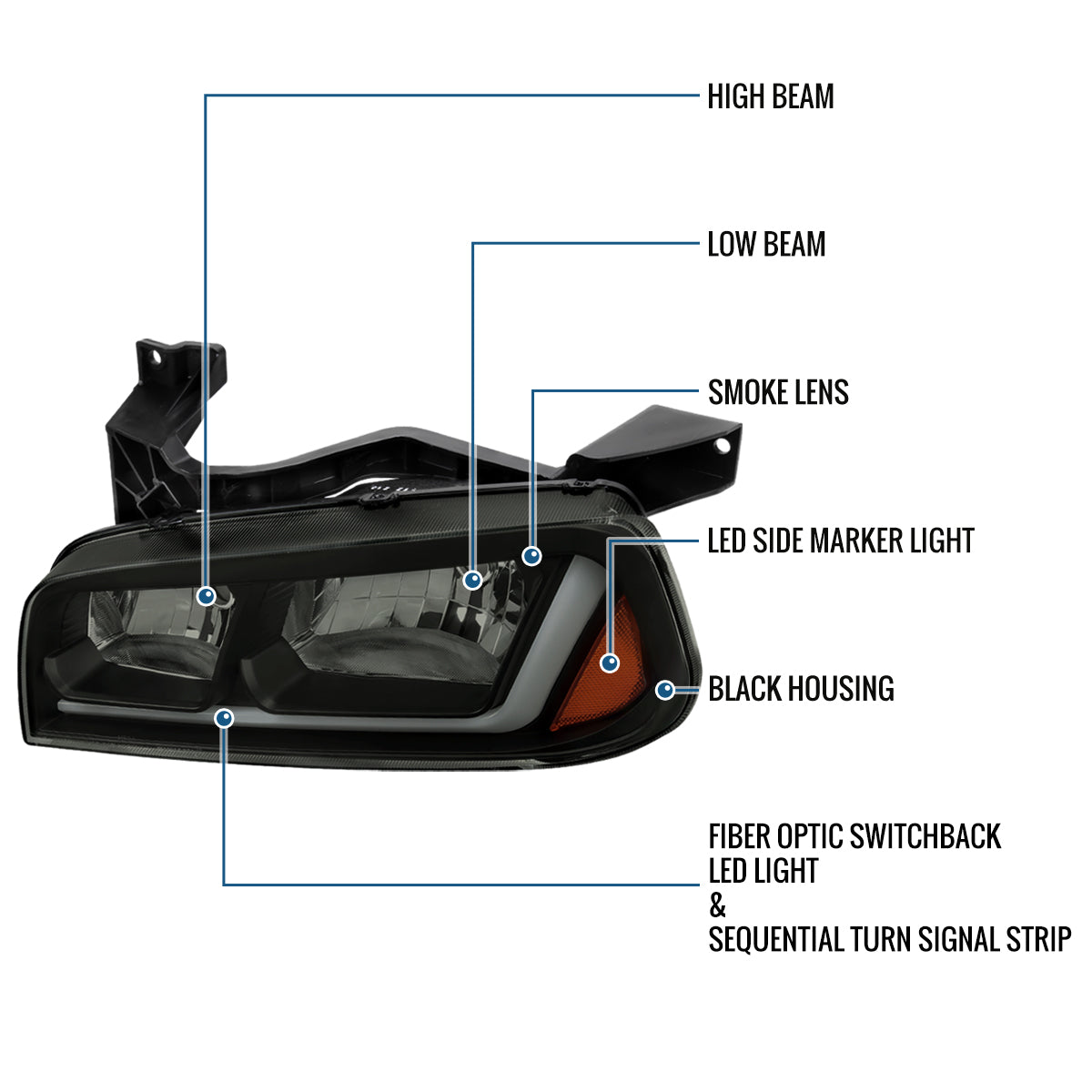 Ronnin - Fits 2006-2010 Dodge Charger Upgraded Replacement LED Tube Switchback Sequential Turn Signal Halogen Headlights Assembly Pair | Black Smoke