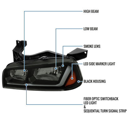 Ronnin - Fits 2006-2010 Dodge Charger Upgraded Replacement LED Tube Switchback Sequential Turn Signal Halogen Headlights Assembly Pair | Black Smoke