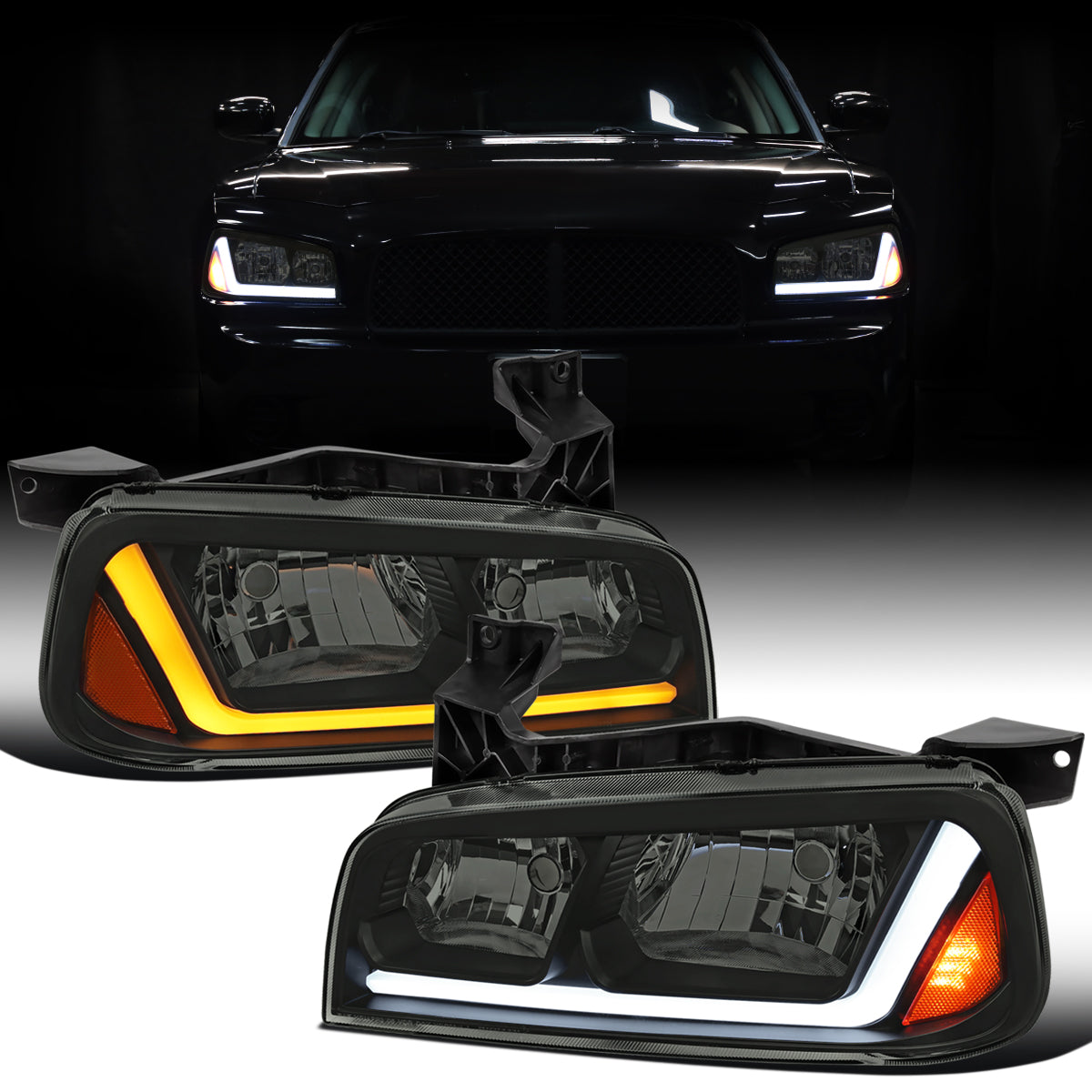 Ronnin - Fits 2006-2010 Dodge Charger Upgraded Replacement LED Tube Switchback Sequential Turn Signal Halogen Headlights Assembly Pair | Black Smoke