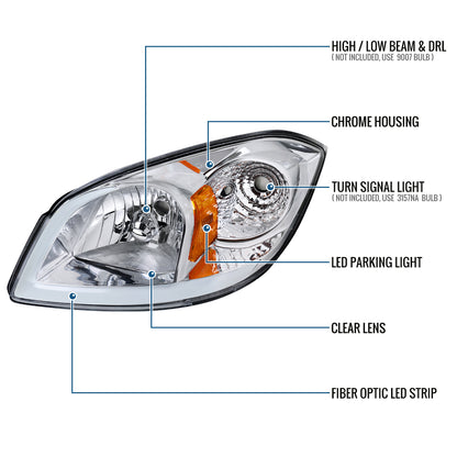 Ronnin - Fits 2005-2010 Chevy Cobalt Pontiac G5 Pursuit Upgraded Factory Replacement LED Tube Running Lights Headlights Assembly Pair | Chrome