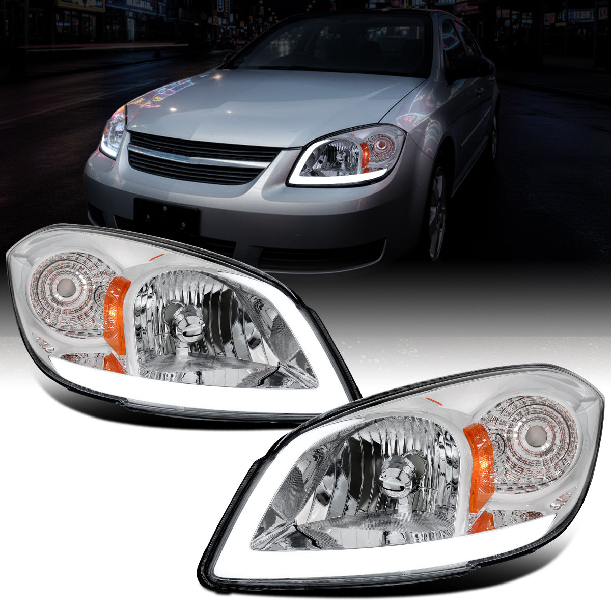 Ronnin - Fits 2005-2010 Chevy Cobalt Pontiac G5 Pursuit Upgraded Factory Replacement LED Tube Running Lights Headlights Assembly Pair | Chrome