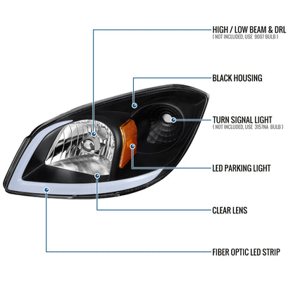 Ronnin - Fits 2005-2010 Chevy Cobalt Pontiac G5 Pursuit Upgraded Factory Replacement LED Tube Running Lights Headlights Assembly Pair | Black