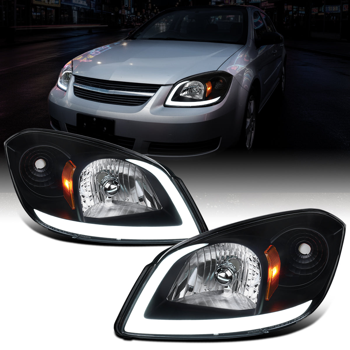 Ronnin - Fits 2005-2010 Chevy Cobalt Pontiac G5 Pursuit Upgraded Factory Replacement LED Tube Running Lights Headlights Assembly Pair | Black