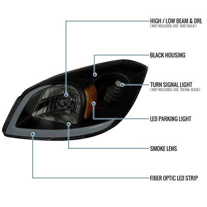 Ronnin - Fits 2005-2010 Chevy Cobalt Pontiac G5 Pursuit Upgraded Factory Replacement LED Tube Running Lights Headlights Assembly Pair | Black Smoke