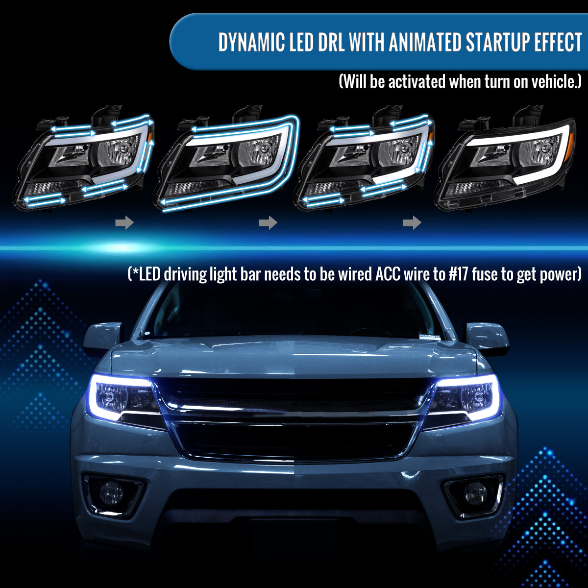 2015-2022 Chevy Colorado LED Running Light Tube Animated Startup Effect Halogen Headlights Assembly Pair | Black