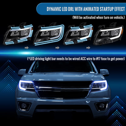 2015-2022 Chevy Colorado LED Running Light Tube Animated Startup Effect Halogen Headlights Assembly Pair | Black