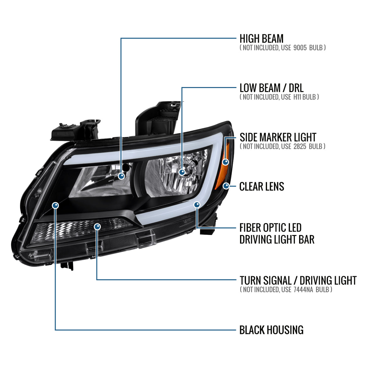 2015-2022 Chevy Colorado LED Running Light Tube Animated Startup Effect Halogen Headlights Assembly Pair | Black
