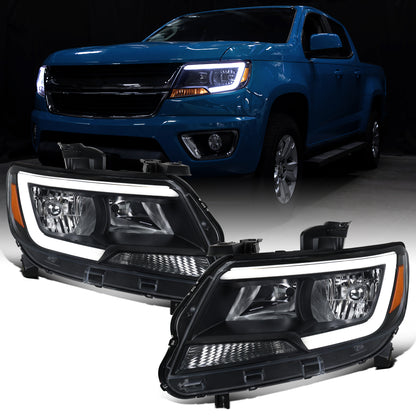 2015-2022 Chevy Colorado LED Running Light Tube Animated Startup Effect Halogen Headlights Assembly Pair | Black