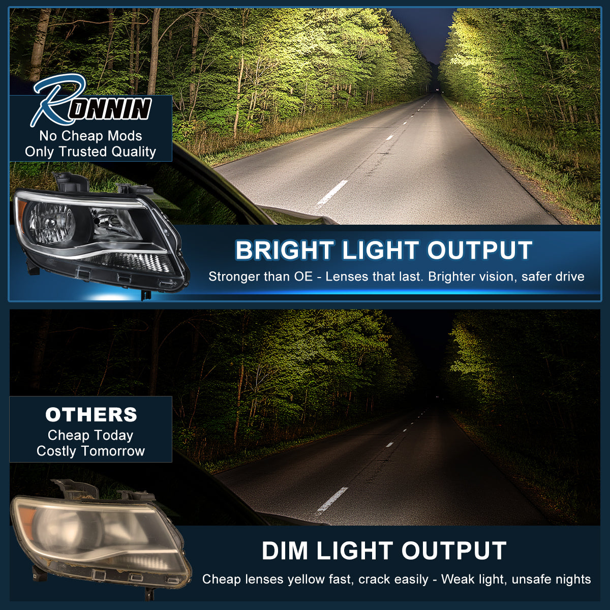 Ronnin - Compatible con Chevy Colorado 2015-2022 | Par de faros halógenos de repuesto | Negro/Cromado