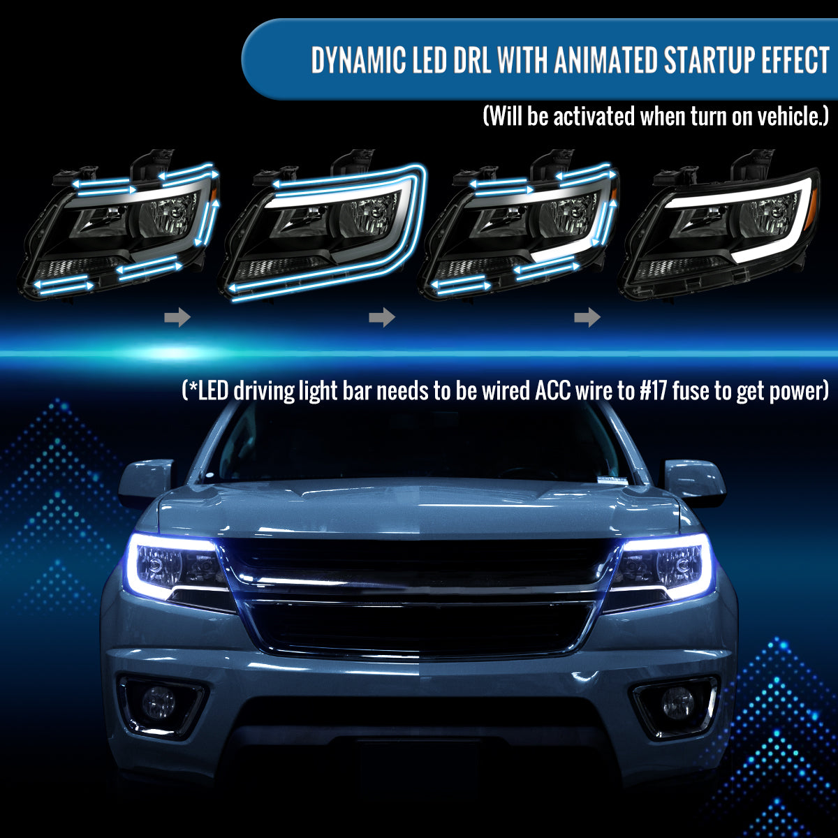 2015-2022 Chevy Colorado LED Running Light Tube Animated Startup Effect Halogen Headlights Assembly Pair | Black Smoke