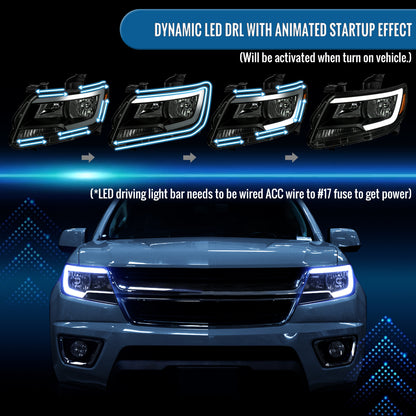 2015-2022 Chevy Colorado LED Running Light Tube Animated Startup Effect Halogen Headlights Assembly Pair | Black Smoke