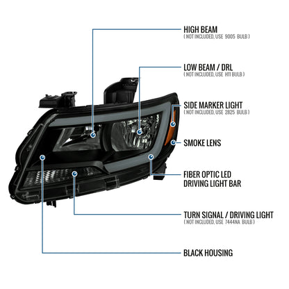 2015-2022 Chevy Colorado LED Running Light Tube Animated Startup Effect Halogen Headlights Assembly Pair | Black Smoke
