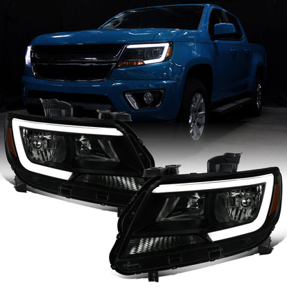 2015-2022 Chevy Colorado LED Running Light Tube Animated Startup Effect Halogen Headlights Assembly Pair | Black Smoke