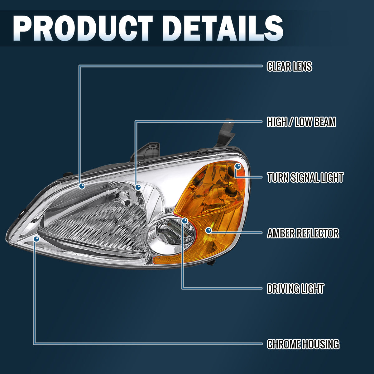 Ronnin - Fits 2001-2003 Honda Civic Coupe Sedan Factory Replacement Headlights Assembly Pair | Chrome