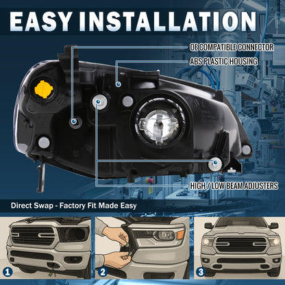 Ronnin - Fits 2001-2003 Honda Civic Coupe Sedan Factory Replacement Headlights Assembly Pair | Chrome