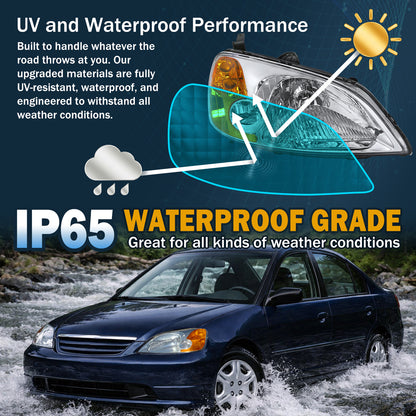 Ronnin - Fits 2001-2003 Honda Civic Coupe Sedan Factory Replacement Headlights Assembly Pair | Chrome