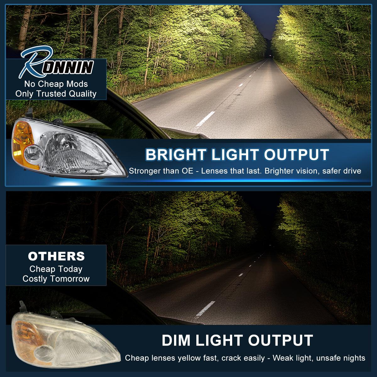 Ronnin - Fits 2001-2003 Honda Civic Coupe Sedan Factory Replacement Headlights Assembly Pair | Chrome