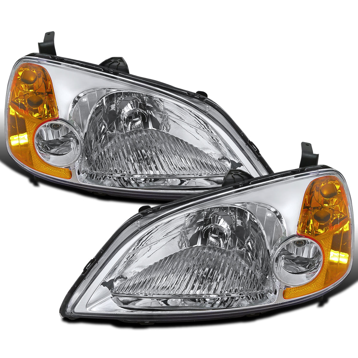 Ronnin - Fits 2001-2003 Honda Civic Coupe Sedan Factory Replacement Headlights Assembly Pair | Chrome