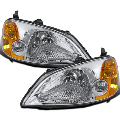 Ronnin - Fits 2001-2003 Honda Civic Coupe Sedan Factory Replacement Headlights Assembly Pair | Chrome
