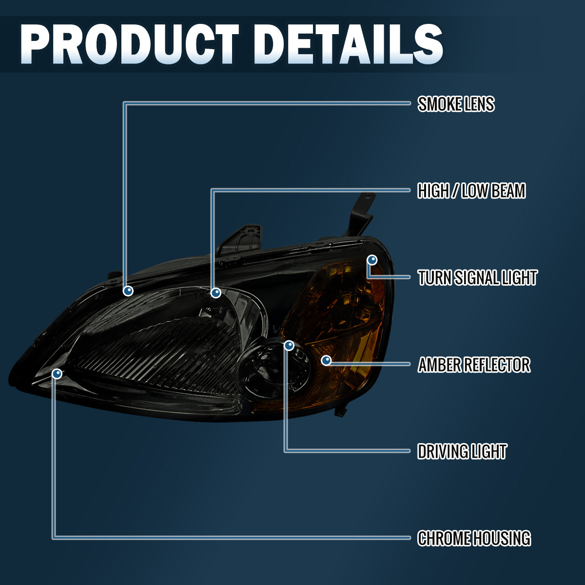 Ronnin - Se adapta a los faros delanteros de repuesto de fábrica para Honda Civic Coupe Sedán 2001-2003 Par | Ahumado