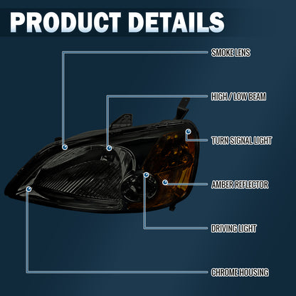 Ronnin - Se adapta a los faros delanteros de repuesto de fábrica para Honda Civic Coupe Sedán 2001-2003 Par | Ahumado