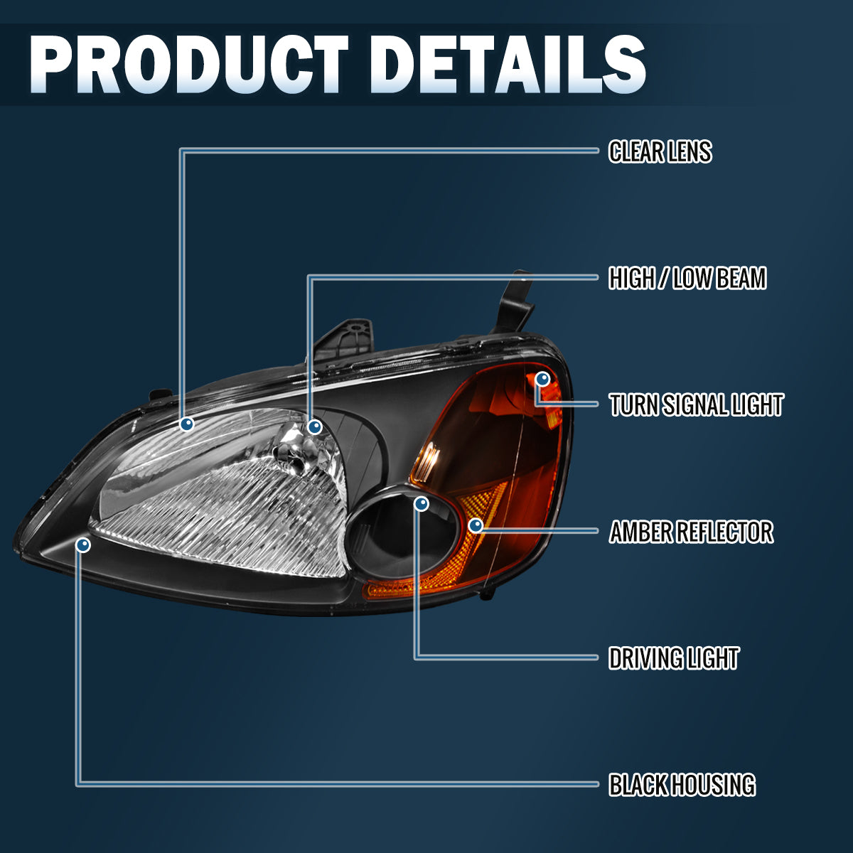 Ronnin - Compatible con Honda Civic Coupé Sedán 2001-2003 Par de faros delanteros de repuesto | Negros