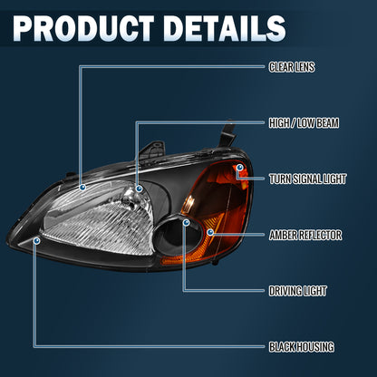 Ronnin - Compatible con Honda Civic Coupé Sedán 2001-2003 Par de faros delanteros de repuesto | Negros