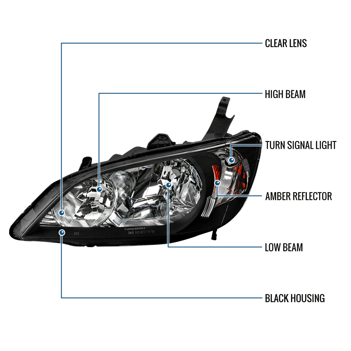 Ronnin - Fits 2004-2005 Honda Civic 2-Door Coupe 4-Door Sedan Replacement Headlights Pair | Black