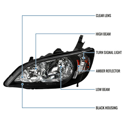 Ronnin - Fits 2004-2005 Honda Civic 2-Door Coupe 4-Door Sedan Replacement Headlights Pair | Black