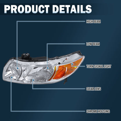 Ronnin - Compatible con Honda Civic Coupé de 2 puertas 2006-2011 | Par de faros delanteros de repuesto | Cromado
