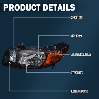 Ronnin - Faros delanteros de repuesto para Honda Civic Coupé de 2 puertas 2006-2011 | Negro
