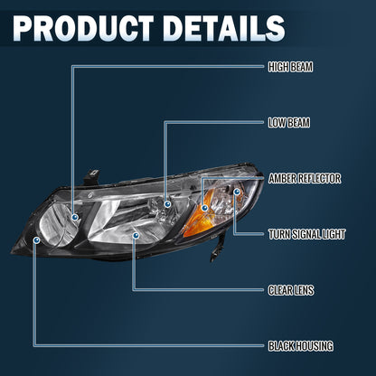 Ronnin - Faros delanteros de repuesto originales para Honda Civic Sedán 2006-2011, par | Negro