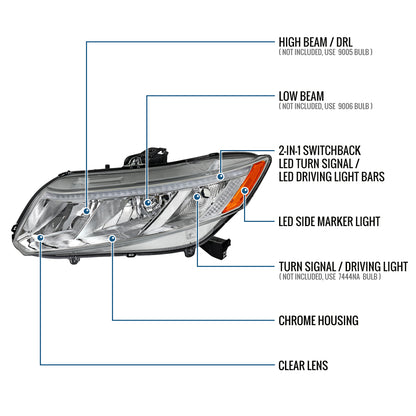 2012-2015 Honda Civic Sedan 2012-2013 Coupe Headlights LED Switchback Turn Signals Assembly Pair | Chrome