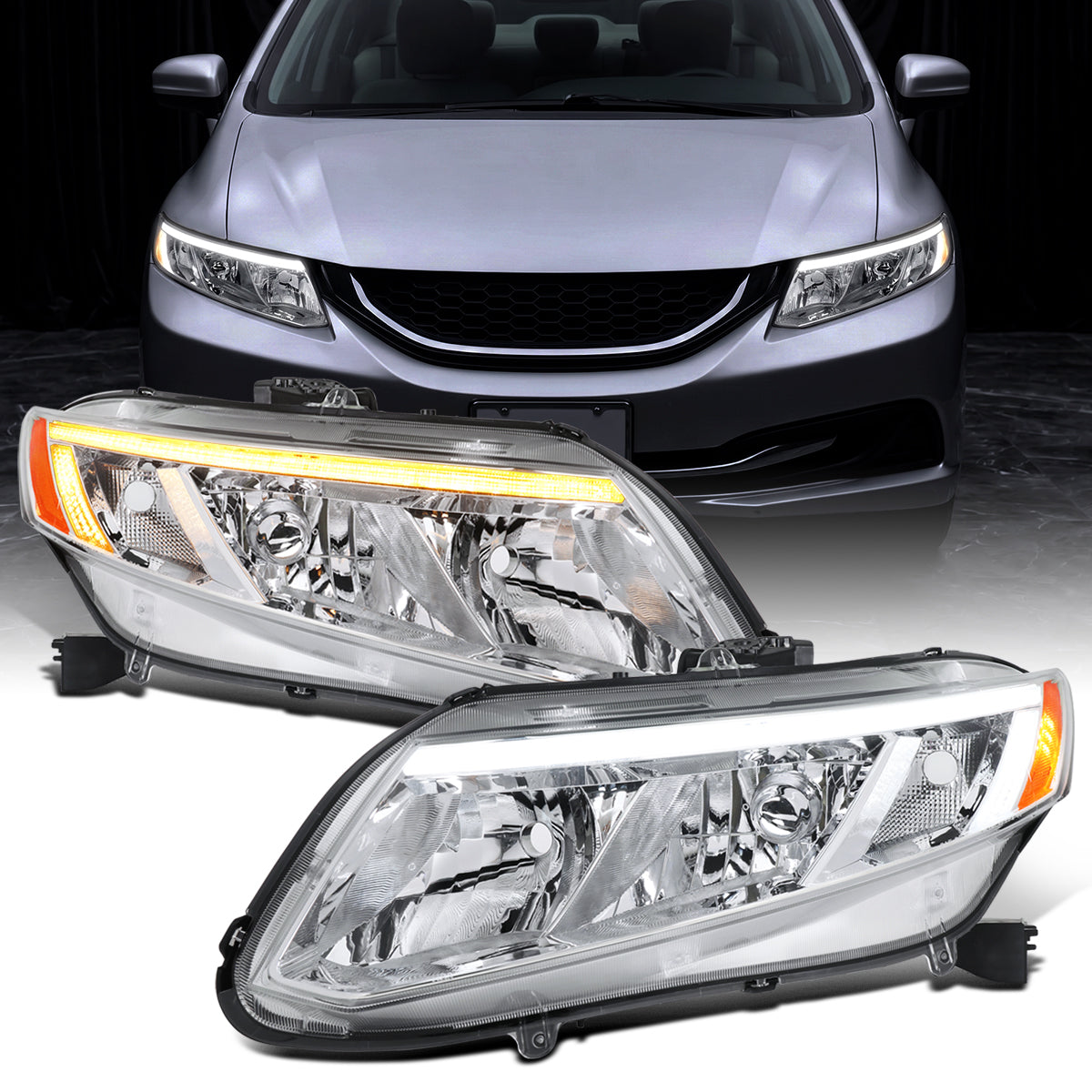 2012-2015 Honda Civic Sedan 2012-2013 Coupe Headlights LED Switchback Turn Signals Assembly Pair | Chrome