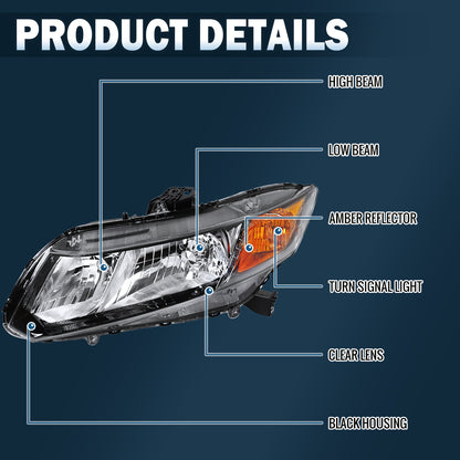 Ronnin - Conjunto de faros delanteros de repuesto de fábrica para Honda Civic Coupé Sedán 2012-2015 | Negro
