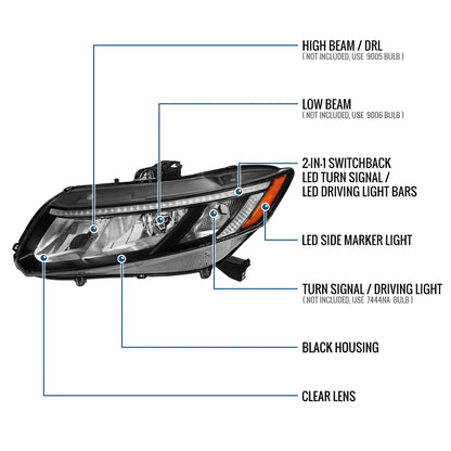 2012-2015 Honda Civic Sedan 2012-2013 Coupe Headlights LED Switchback Turn Signals Assembly Pair | Black