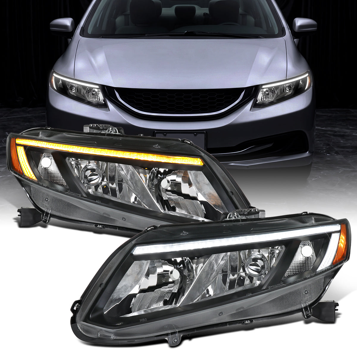 2012-2015 Honda Civic Sedan 2012-2013 Coupe Headlights LED Switchback Turn Signals Assembly Pair | Black