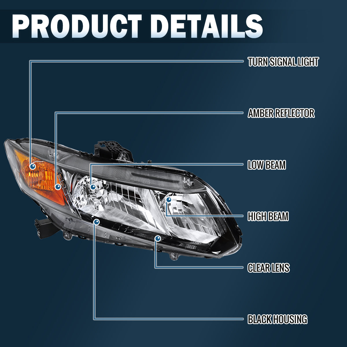 Ronnin - Compatible con Honda Civic Coupé Sedán 2012-2015 Ensamblaje de faros delanteros de repuesto lado del pasajero | Negro