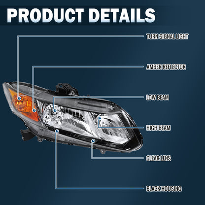 Ronnin - Compatible con Honda Civic Coupé Sedán 2012-2015 Ensamblaje de faros delanteros de repuesto lado del pasajero | Negro