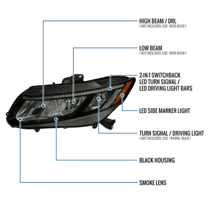 2012-2015 Honda Civic Sedan 2012-2013 Coupe Headlights LED Switchback Turn Signals Assembly Pair | Black Smoke