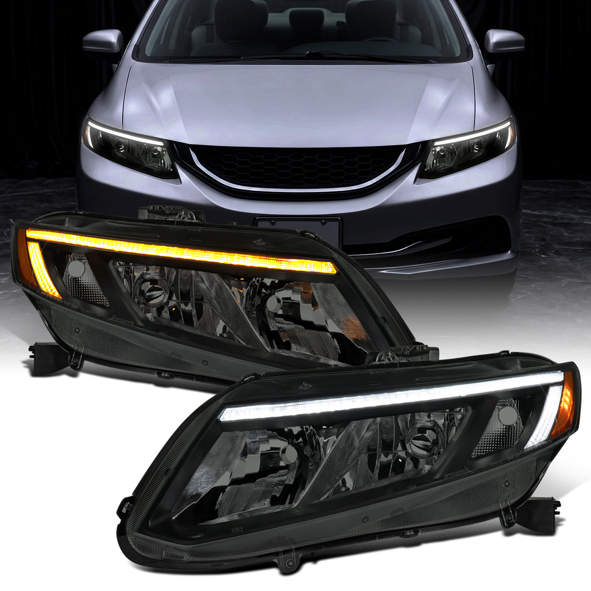 2012-2015 Honda Civic Sedan 2012-2013 Coupe Headlights LED Switchback Turn Signals Assembly Pair | Black Smoke