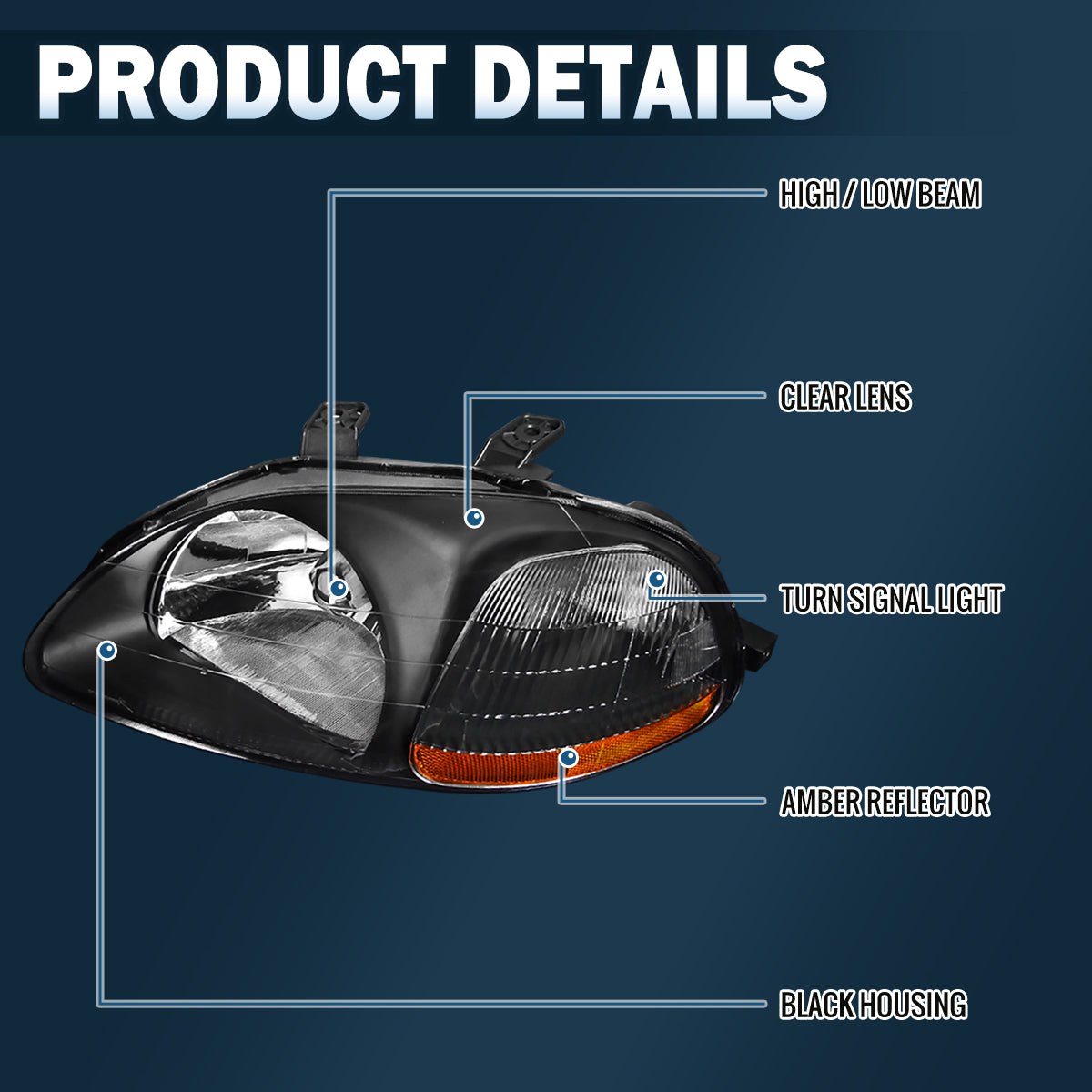 Ronnin - Conjunto de faros delanteros de repuesto para Honda Civic EK 1996-1998 | Par | Negro