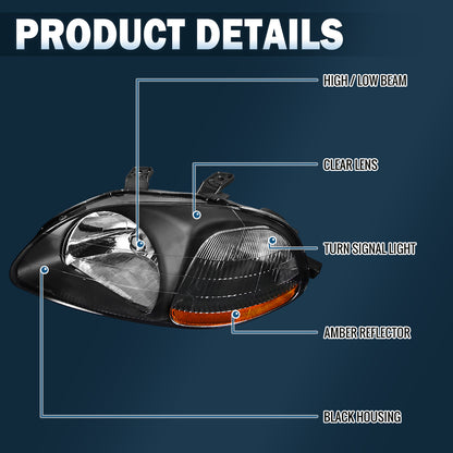 Ronnin - Conjunto de faros delanteros de repuesto para Honda Civic EK 1996-1998 | Par | Negro