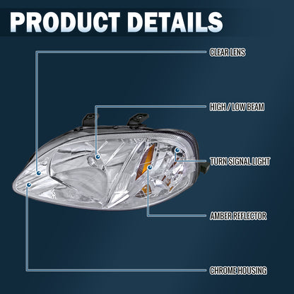 Ronnin - Conjunto de faros delanteros de repuesto originales para Honda Civic EK 1999-2000 | Cromado