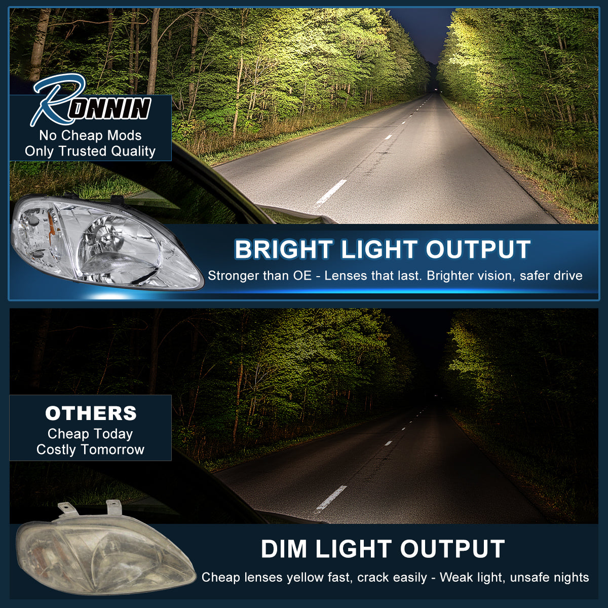 Ronnin - Conjunto de faros delanteros de repuesto originales para Honda Civic EK 1999-2000 | Cromado