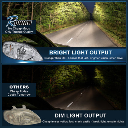 Ronnin - Conjunto de faros delanteros de repuesto originales para Honda Civic EK 1999-2000 | Cromado