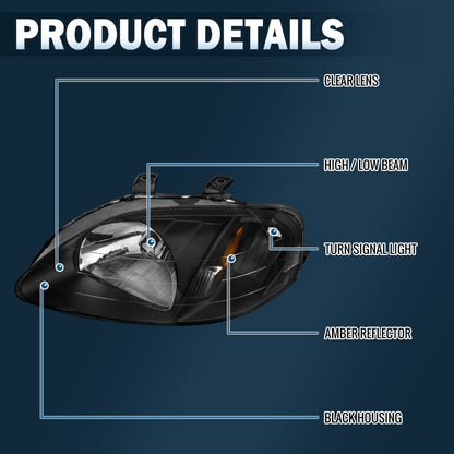 Ronnin - Compatible con Honda Civic EK 1999-2000 | Par de Conjuntos de Faros Delanteros de Repuesto | Negro