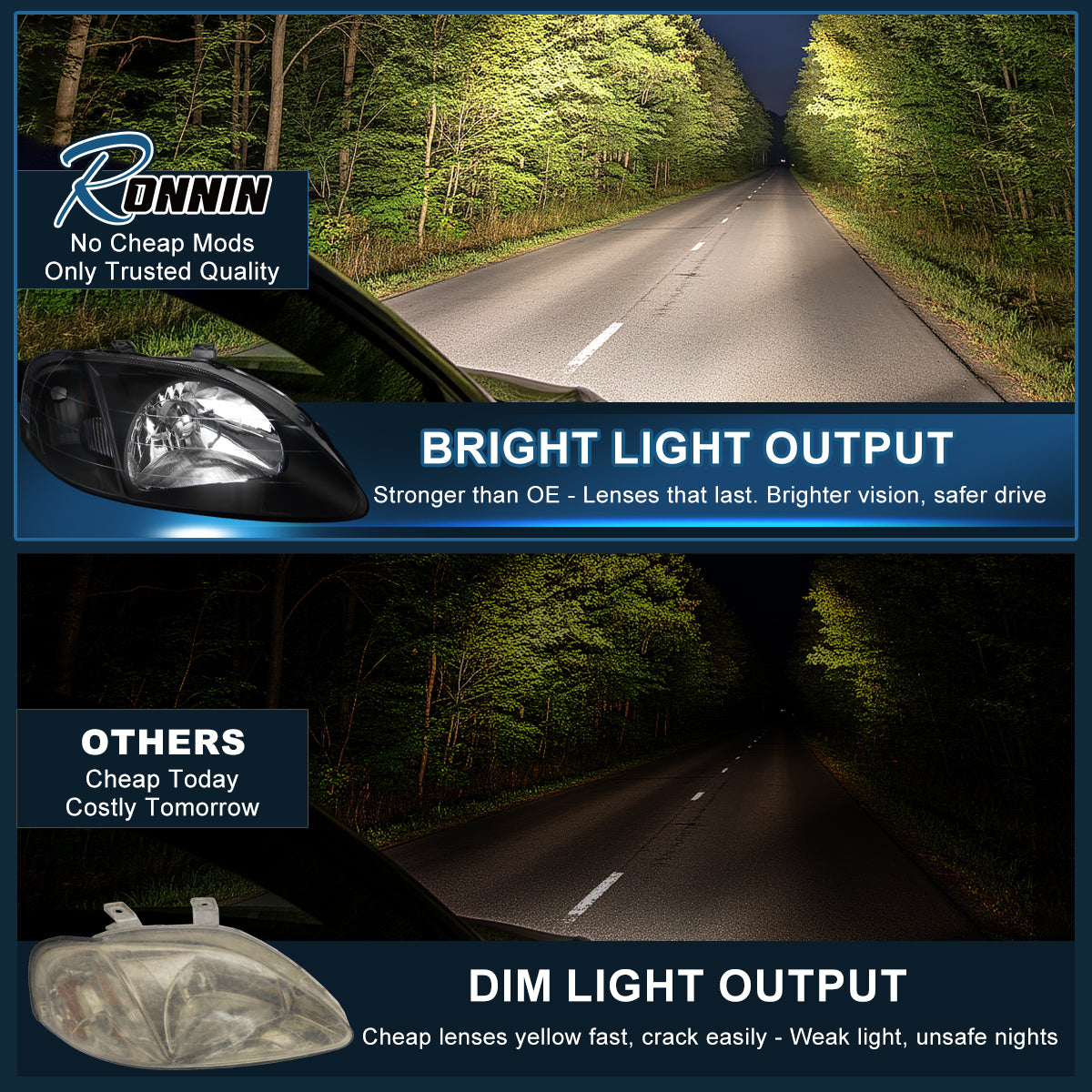 Ronnin - Compatible con Honda Civic EK 1999-2000 | Par de Conjuntos de Faros Delanteros de Repuesto | Negro